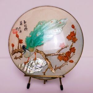 Vintage Traditional Chinese Mother of Pearl Artwork Shadow Box Peacock n Flowers